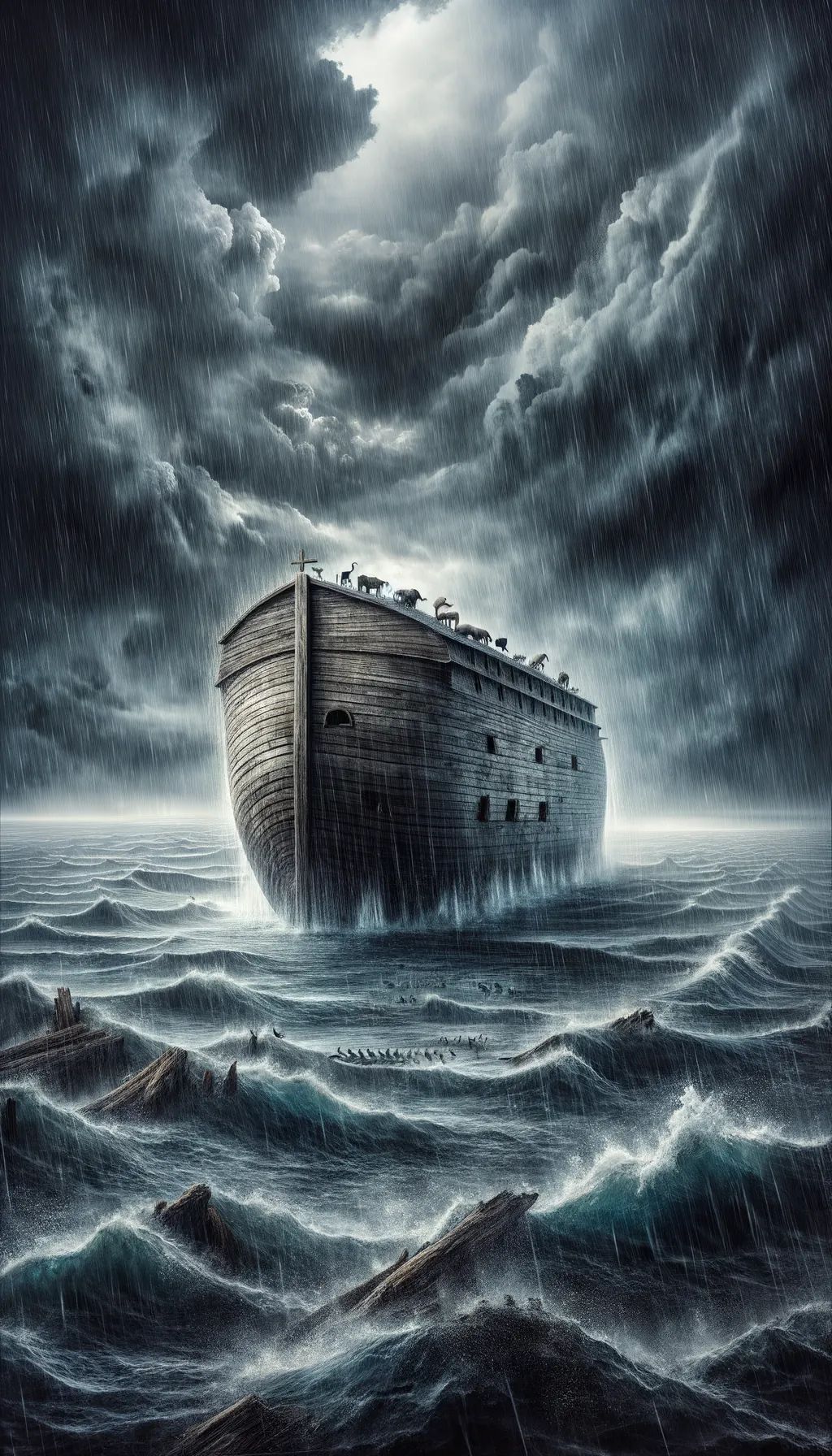El Arca navegando durante el diluvio catastrófico