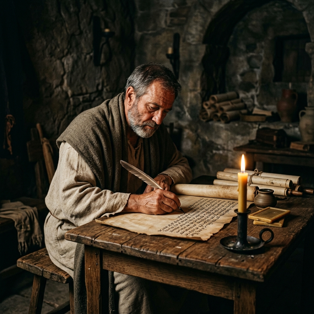 Escriba antiguo copiando manuscritos
