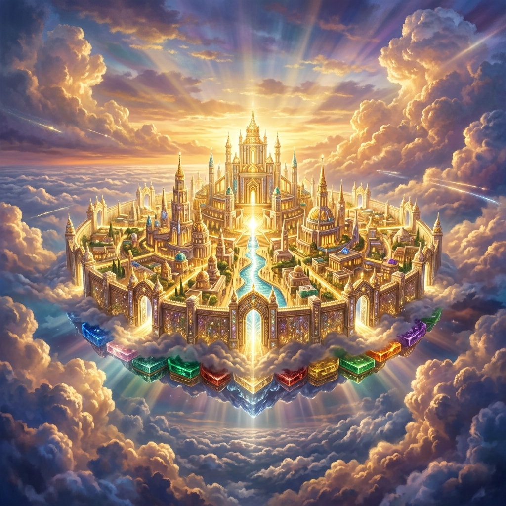 Ciudad celestial iluminada entre las nubes